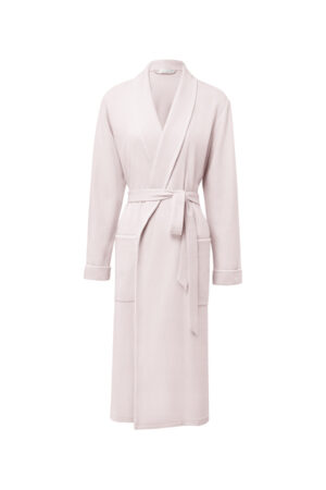 Pink Shell Silk Wool Robe on white background, midi-length wrap style with belt and pockets for soft, feminine downtime.