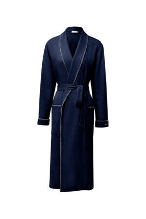 Navy Shell Silk Wool Robe on white background, wrap design with tie belt, patch pockets and embroidered trim for refined loungewear.