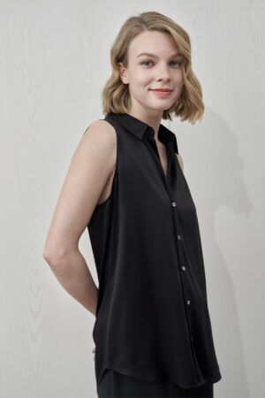 Front view of MANITO Signature Women's Silk Sleeveless Shirt in black styled with a relaxed fit.