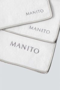 MANITO Soft Feeling 3 Pieces Bath Towel Set in gray embroidery and trim, luxurious blend of silk and Sea Island cotton.