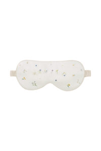Sweet Garden Silk Eye Mask featuring floral embroidery and almond beige piping for a soft, elegant look.