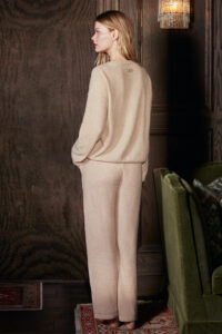 Back view of Teddy Women's Cotton Wool Knit Lounge Set in beige, showcasing soft drape and simple seam lines.