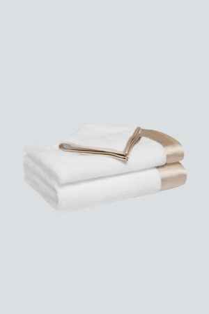 MANITO Brimmy 3 Piece Bath Towel Set featuring champagne-gold silk trim for an elegant, luxurious look.