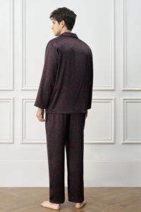 Back view of Tropical Leaves Men's Pajama Set, silk fabric with botanical print offering effortless elegance.
