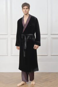 Full-body view of the Tropical Leaves Velvet Men's Robe, showing the long velvet drape, patterned collar, and relaxed silhouette.
