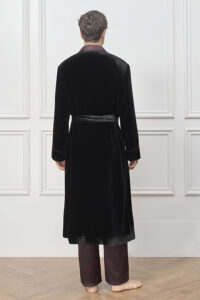 Back view of the Tropical Leaves Velvet Men's Robe, displaying the long velvet outline and comfortable wrap fit.