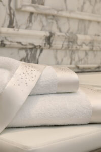 Close-up of Twinkle 3 Pieces Bath Towel Set highlighting crystal-like rhinestones and soft mulberry silk details.