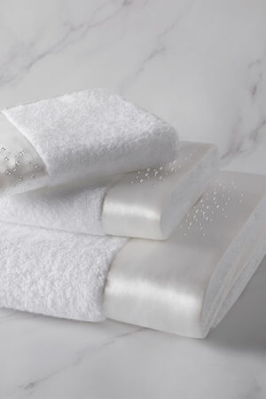 Flat-lay of Twinkle 3 Pieces Bath Towel Set displaying luxurious silk edges and radiant rhinestone embellishments,
