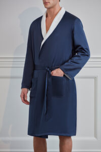 Close-up side view of MANITO silk terry cloth robe for men, showcasing fabric texture and pocket detail.