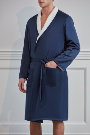 Close-up side view of MANITO silk terry cloth robe for men, showcasing fabric texture and pocket detail.