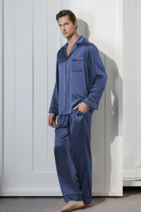 MANITO Authentic Men's Silk Pajama Set in navy blue with black piping, full length.
