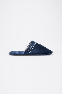 Profile view of navy Authentic Men's Silk Lounge Shoes with clean piping and a sleek, timeless silhouette.