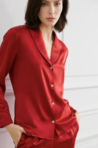 Sophisticated red wedding pajamas on a model, part of MANITO's wedding pajamas gift box collection.