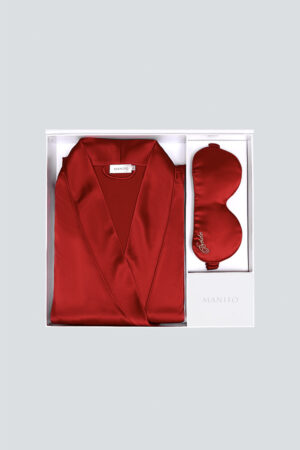 MANITO wedding robe gift box featuring a luxurious red robe and matching eye mask, perfectly packaged for a bridal gift.