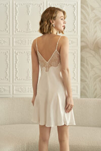 Rear view of MANITO Wedding Floral Lace Silk Mini Dress showing sheer lace back panel.