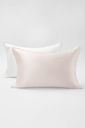 Pair of blush and white pillows for couples from MANITO Wedding Mr. & Mrs. Silk Pillowcases Gift Box.