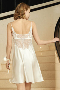 MANITO Wedding V-neck Lace Silk Mini Dress showing delicate lace back and smooth silk drape.