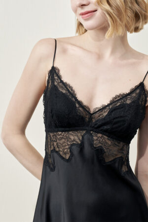 MANITO Wedding V-neck Lace Silk Mini Dress in black with sheer lace bodice close-up.