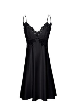 MANITO Wedding V-neck Lace Silk Mini Dress in black, front view showcasing lace and silk contrast.