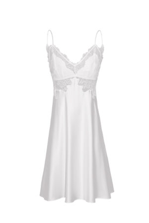 MANITO Wedding V-neck Lace Silk Mini Dress in ivory white, elegant lace overlay and flared hem.