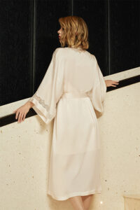 Back view of MANITO Wedding Women's Lace Silk Long Robe showing wide sleeves and lace details.