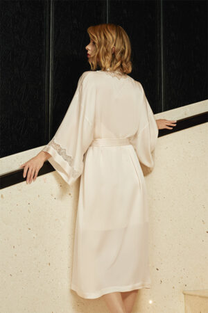 Back view of MANITO Wedding Women's Lace Silk Long Robe showing wide sleeves and lace details.