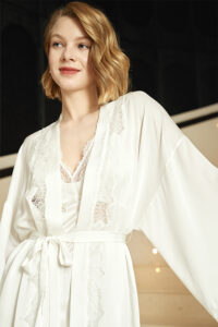 Close-up of neckline and lace detail on MANITO Wedding Women's Lace Silk Long Robe.