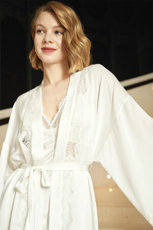 Close-up of neckline and lace detail on MANITO Wedding Women's Lace Silk Long Robe.