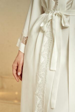 Waist belt and sleeve lace detail on MANITO Wedding Women's Lace Silk Long Robe.