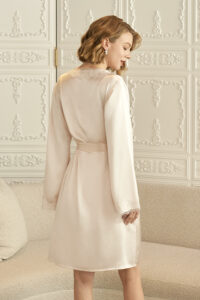 Rear view of MANITO Wedding Women's Lace Silk Short Robe, showing lace-trimmed collar and fluid silk silhouette.