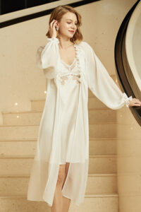 Model wearing MANITO Wedding Women's Ruffle Silk Robe, standing front-facing to show the soft sheen.