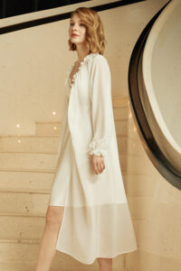 Back close-up of MANITO Wedding Women's Ruffle Silk Robe, showing the curved low back and layered shoulder ruffles.