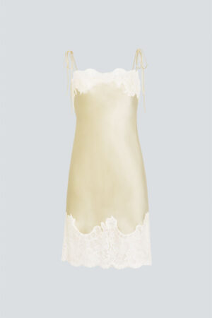 Display of Windy Silk Yellow Lace Short Dress with Lace triangle embroidery decoration.