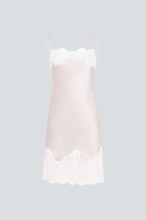 Display of Windy Silk White Lace Short Dress French lace pattern with cascading drape-like cuts.