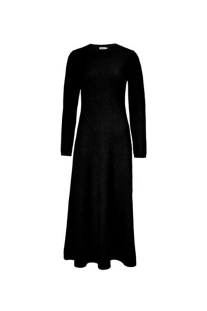 Front view of the black Wunder Knit Dress, showing its full length and classic cut.