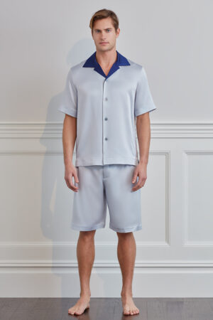 MANITO Sketchy Men's Short Pajama Set in silver gray with contrast navy collar, front view.