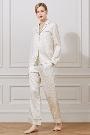 Front view of MANITO Jungle Tiger Print Pajama Set showing button-down silk shirt and straight-leg pants.