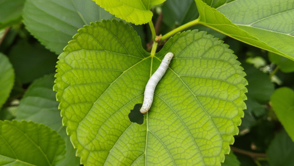 A close-up shot of a Bombyx mori silkworm eating a fresh, green mulberry leaf.