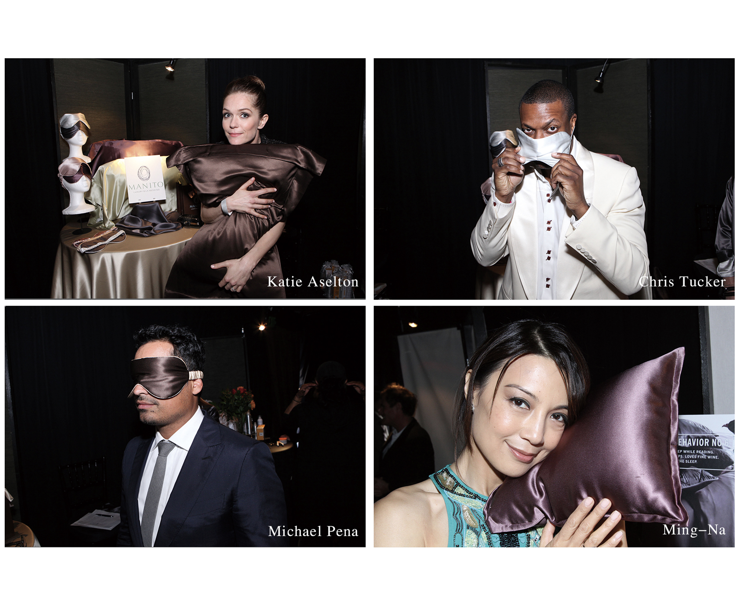 Collage of celebrities including Katie Aselton, Chris Tucker, Michael Pena, and Ming-Na Wen with MANITO silk pillows and sleep masks at an exclusive event.