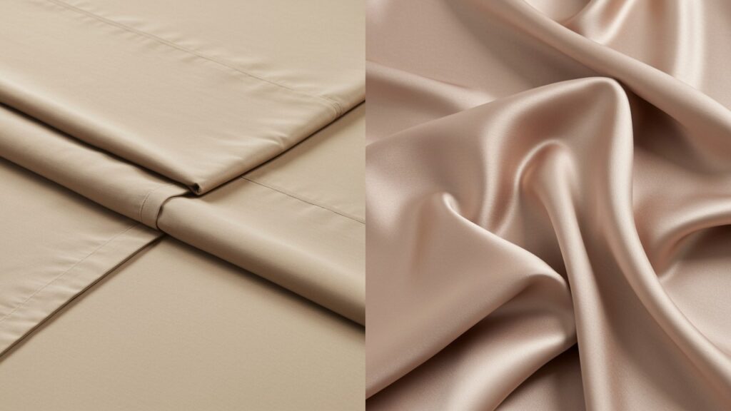 A split image comparing the distinct textures of bedding: smooth bamboo fabric on the left and lustrous, flowing mulberry silk on the right, highlighting their differences.