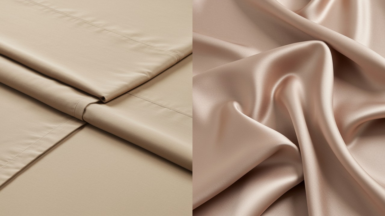 A split image comparing the distinct textures of bedding: smooth bamboo fabric on the left and lustrous, flowing mulberry silk on the right, highlighting their differences.