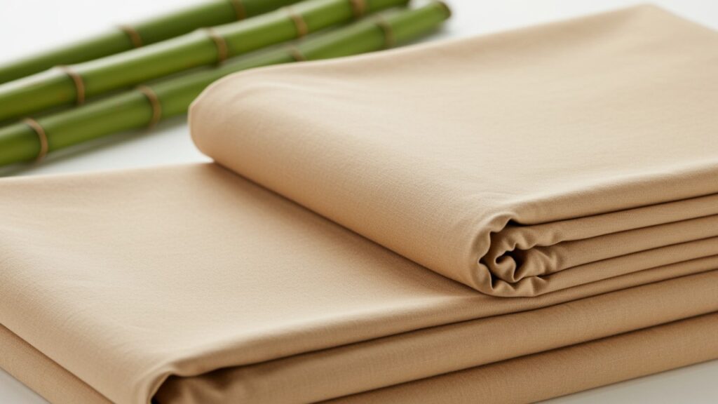 Neatly folded bamboo sheets in a natural tone, with green bamboo stalks in the background, representing the plant-based origin of bamboo bedding.