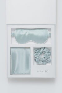 Sleeping Beauty Gift Box with silk eye mask, scrunchie, and pillowcase in a chic presentation box by MANITO.
