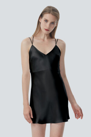 Freya Women's Silk Slip Dress in classic black with smooth silk fabric and slim-fit tailoring for chic nightwear.