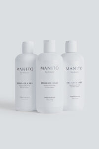Front view of three MANITO Delicate Care Delicate Laundry Liquid Soap bottles for silk and fine fabrics.