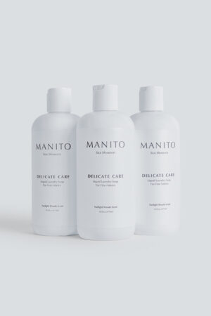 Front view of three MANITO Delicate Care Delicate Laundry Liquid Soap bottles for silk and fine fabrics.