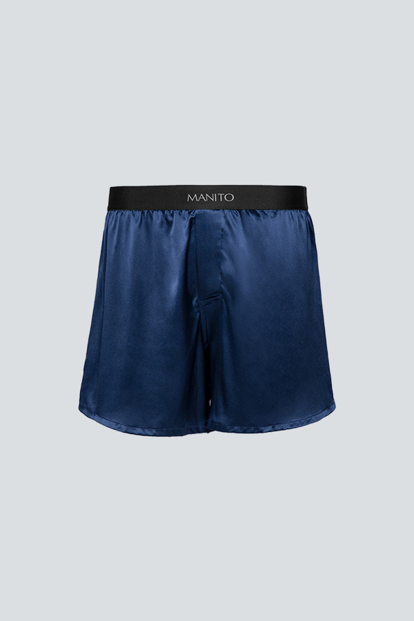 Elegant navy blue men's silk shorts with comfortable elastic waistband.