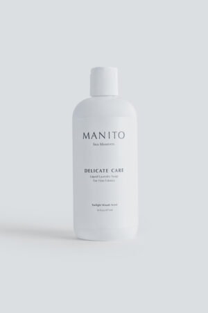 MANITO Delicate Care Liquid Laundry Soap bottle showing minimalist design for silk and fine fabrics.