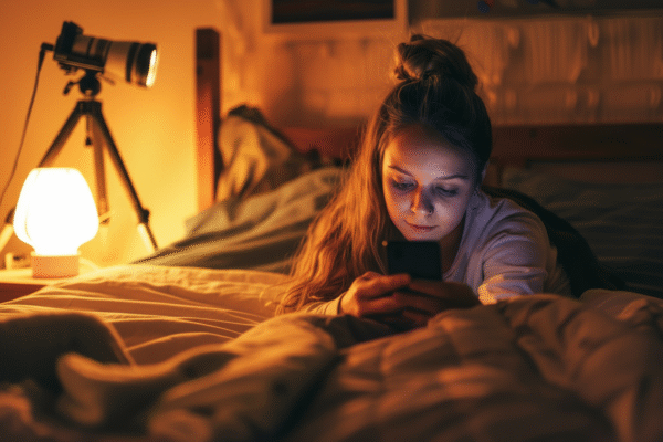 A person in bed uses their phone at night, illustrating how screen time can cause insomnia.