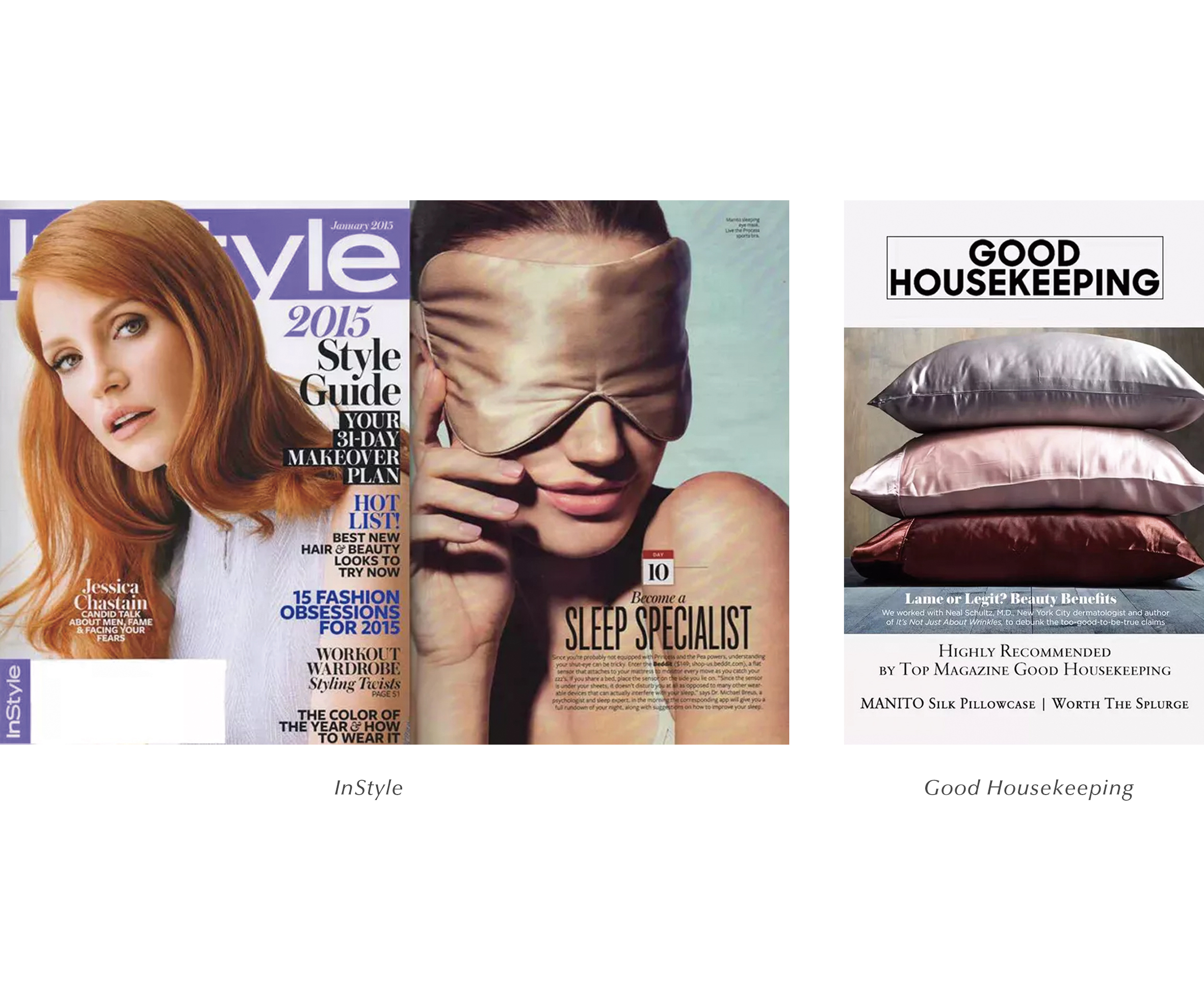 Compilation of MANITO silk features in InStyle, Business Jet Travelers, and Good Housekeeping magazine covers, showcasing awards and market praise.